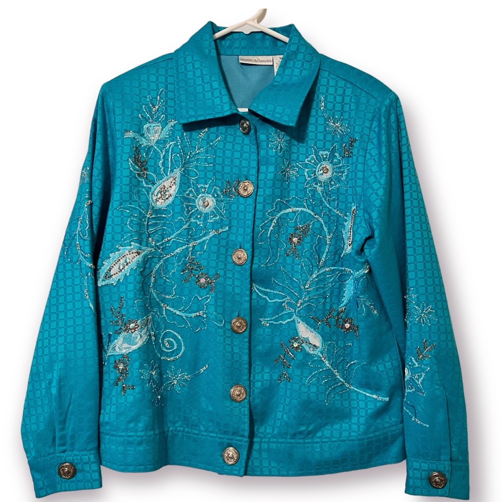 Vintage Draper’s & Damon’s Turquoise Silver Embroidered Jacket Lined Granny